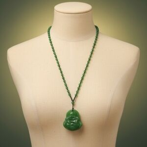 NEW, Buddha Pendant Necklace. Color:  Green Jade. Length: 27.5".
